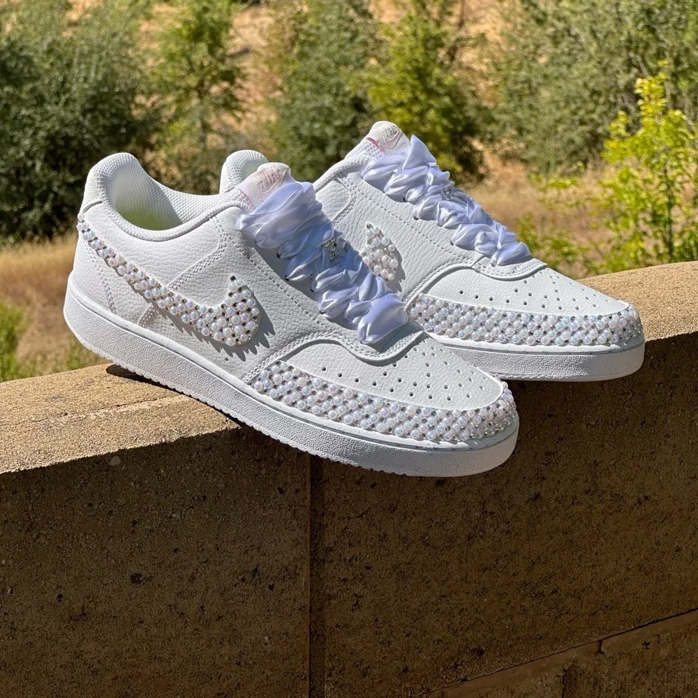 Nike Court White Pearl Sneakers, Rhinestone Wedding Pearl Shoes